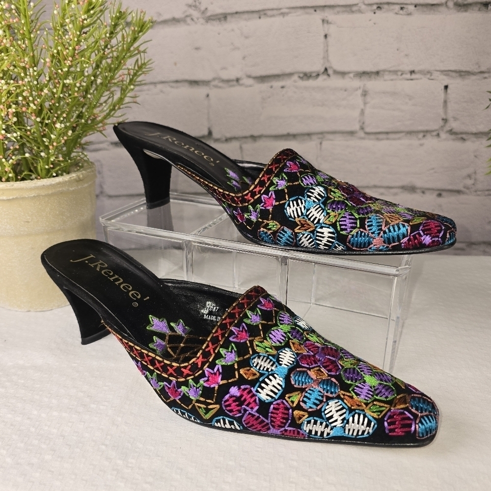 J. RENEE BLACK MULES VIBRANT EMBROIDERED DETAILS SLIP ON HEELS WOMENS 7.5